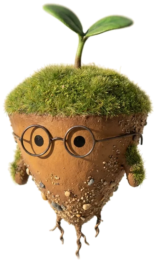 Biom's assistant: a small floating island with round wire glasses and a two-leaf sprout