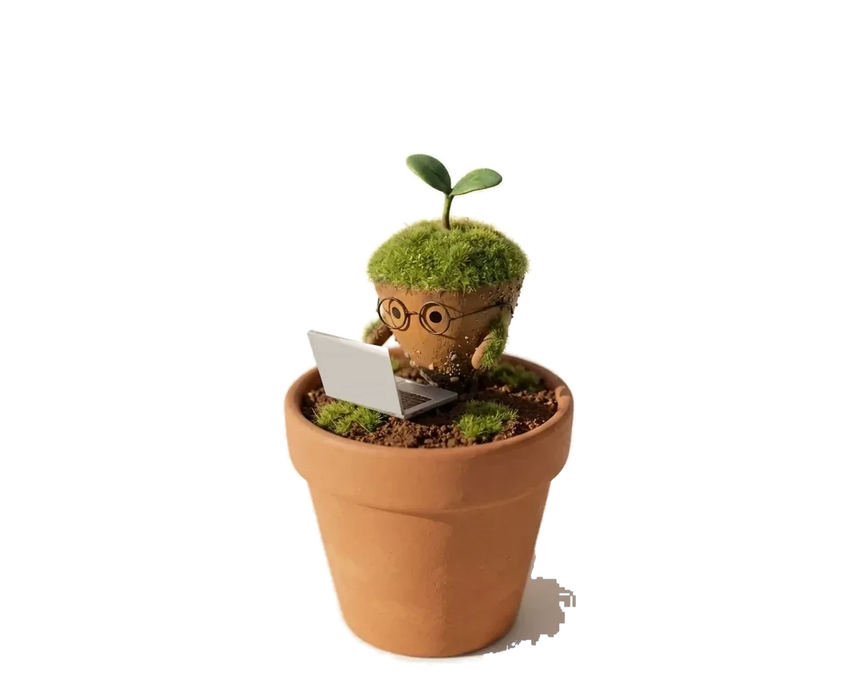 The assistant at its laptop in a small flowerpot