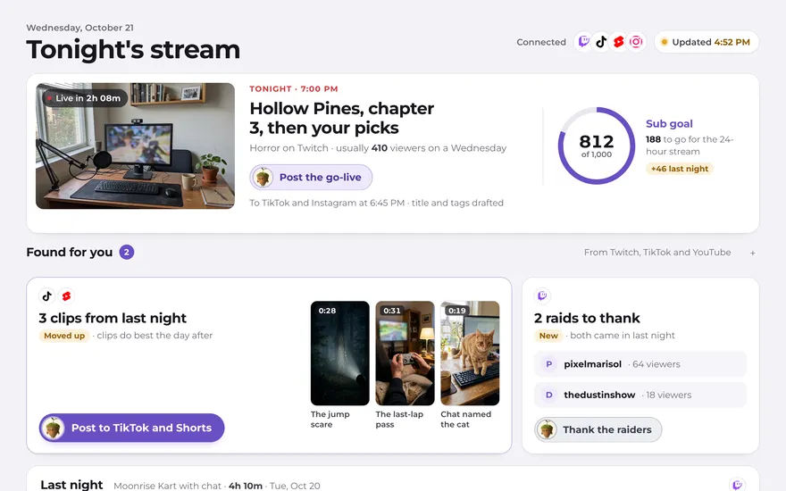 Jordan Reyes&rsquo;s variety stream on Twitch: tonight&rsquo;s stream at 7 PM, 3 clips from last night to post, and the sub goal at 812 of 1,000