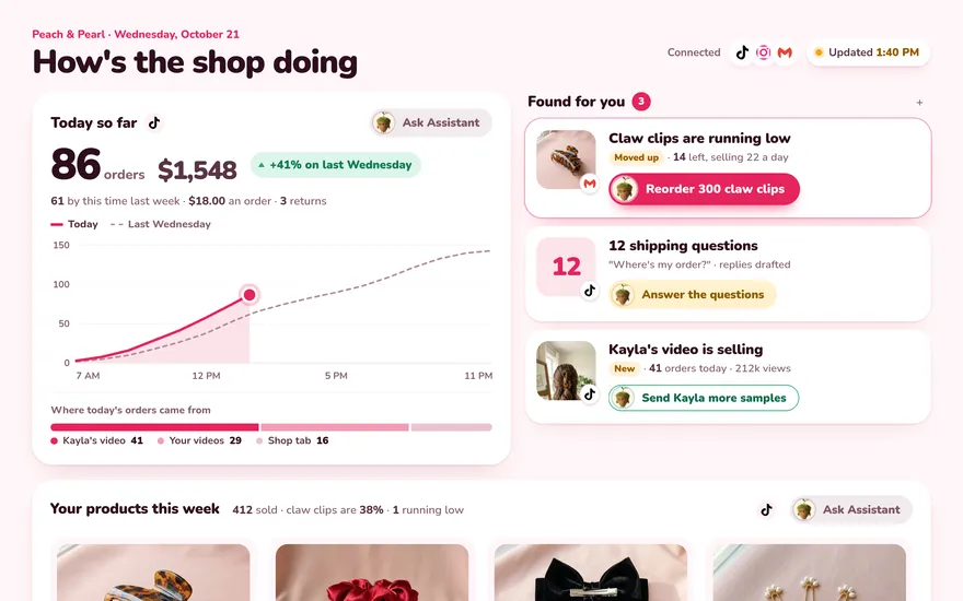 Bri Carter&rsquo;s hair accessories shop on TikTok Shop: today&rsquo;s orders, 12 shipping questions, and a claw clip restock